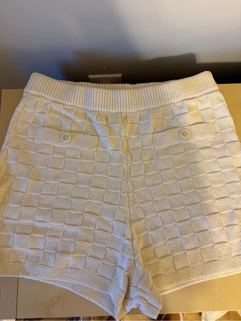 Reformation Cream Knit High-Waist Checker Shorts